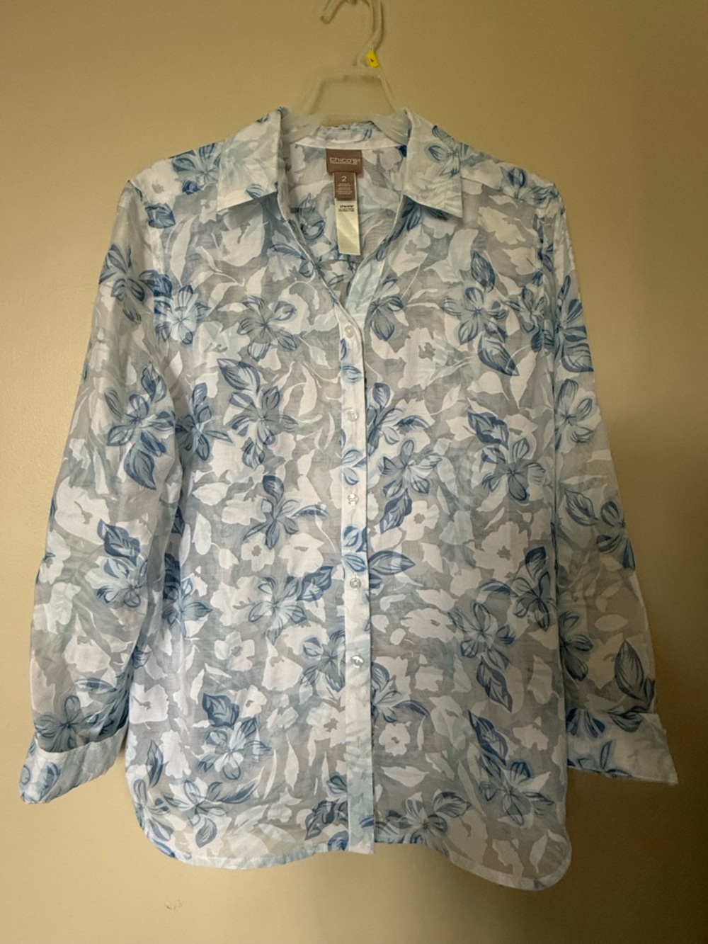 Chico's White Button-Front Top with Blue Floral Pattern
